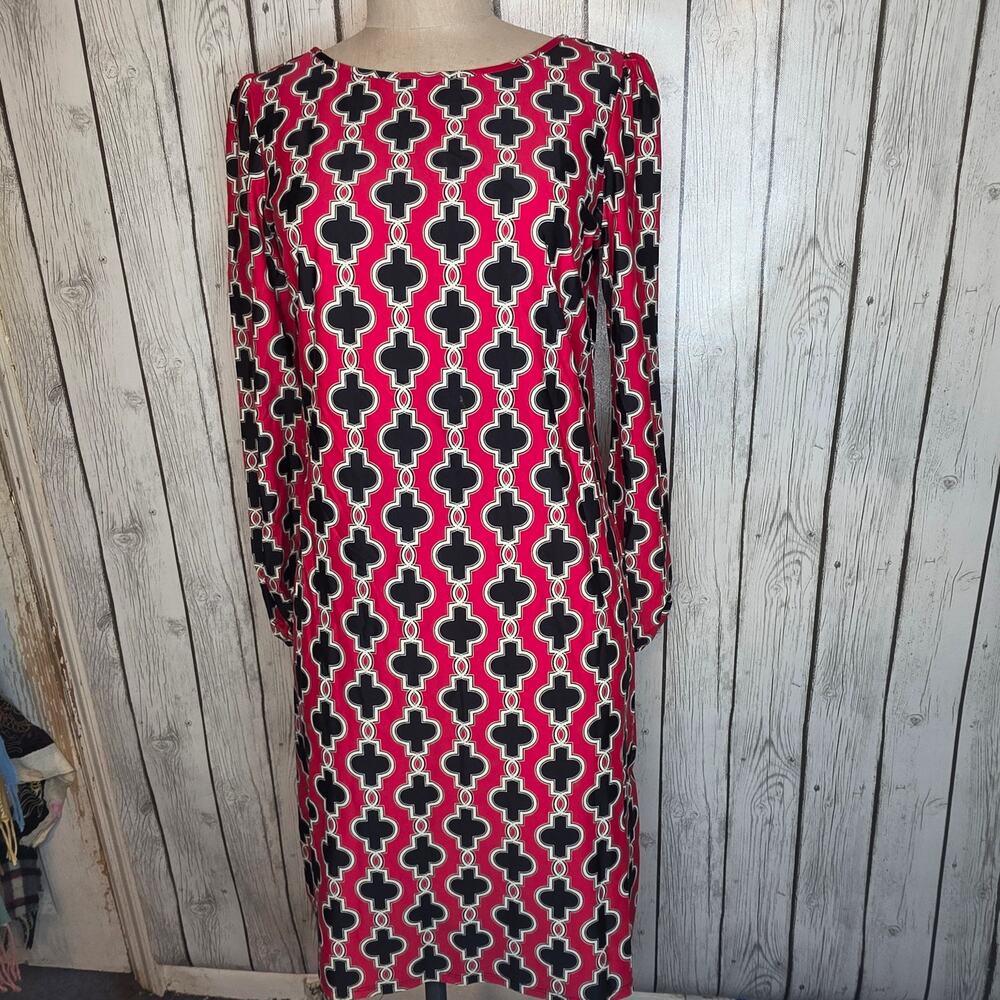 Jude Connally Trellis Geometric Print Long Sleeve Shift Dress Pink Black Medium